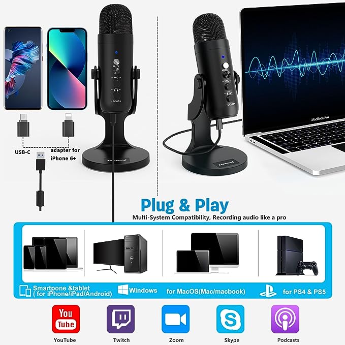 zealsound USB Microphone, PC Phone Podcast Mic, Condenser Gaming microphones for PS4&5, W/Quick Mute, Echo/Gain knob, Plug & Play for Streaming, Vocal Recording, ASMR, YouTube,Twitch on Mac Windows