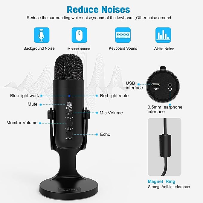 zealsound USB Microphone, PC Phone Podcast Mic, Condenser Gaming microphones for PS4&5, W/Quick Mute, Echo/Gain knob, Plug & Play for Streaming, Vocal Recording, ASMR, YouTube,Twitch on Mac Windows